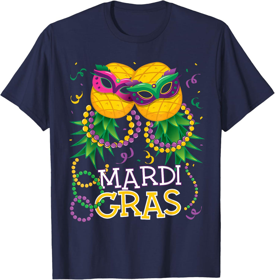 Funny Upside Down Pineapple Swinger Mardi Gras Beads Womens T-Shirt - Navy Blue