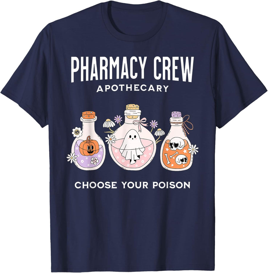 Pharmacy Crew Ghost Skull Halloween Pharmacy Tech Apothecary T-Shirt - Navy Blue