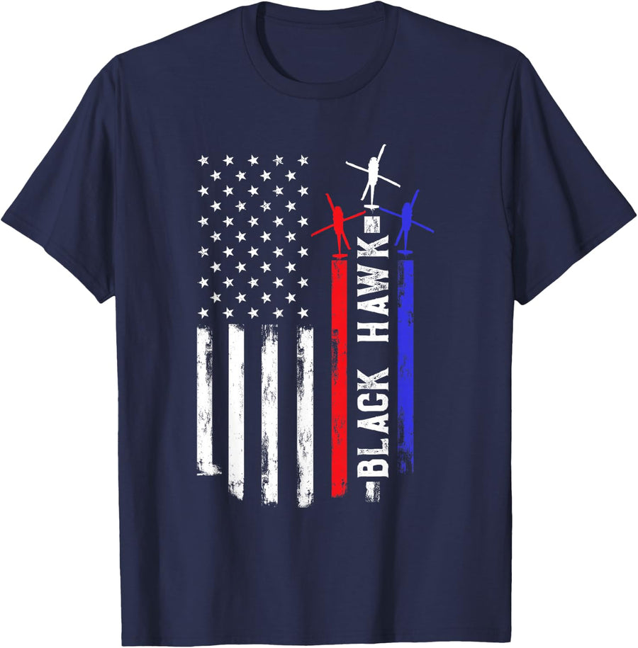 Patriotic USA Flag Military Helicopter UH-60 Black Hawk T-Shirt - Navy Blue