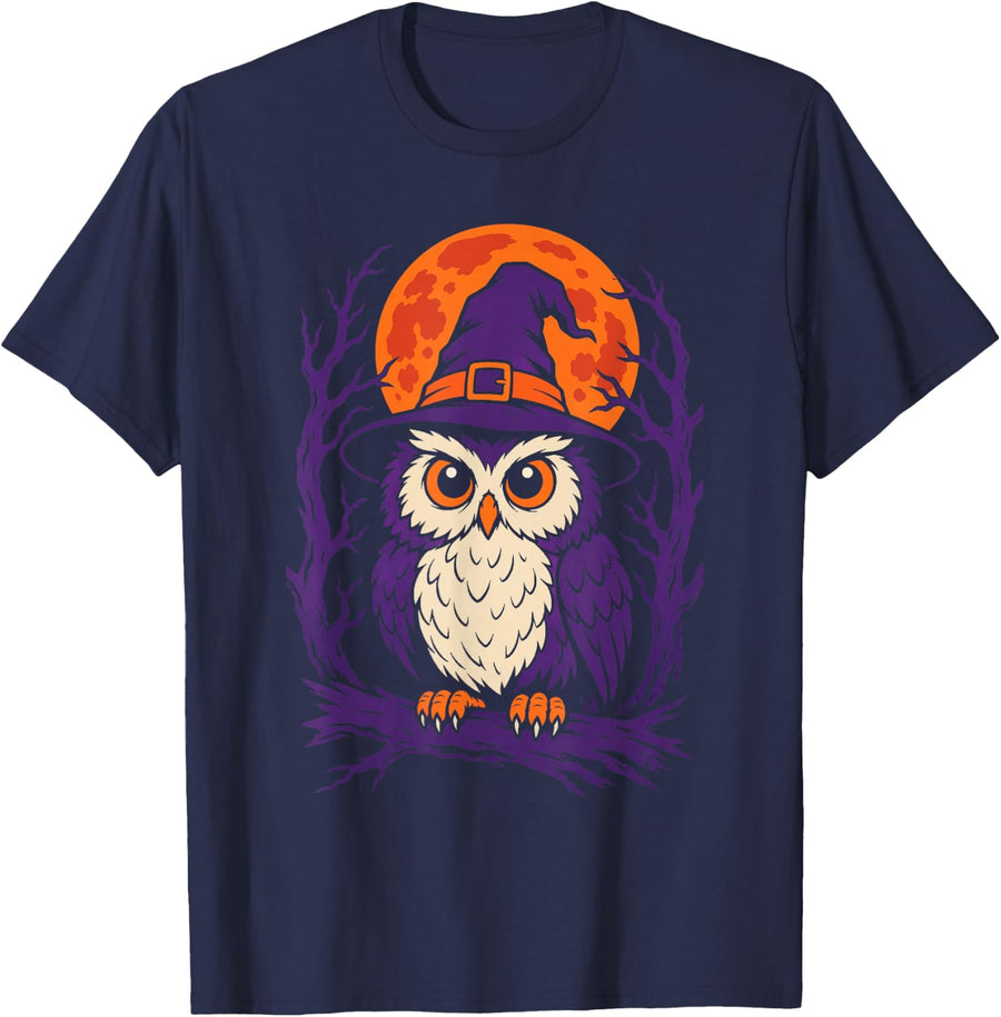 Halloween Owl Witch Hat Cute Cartoon Full Moon T-Shirt - Navy Blue