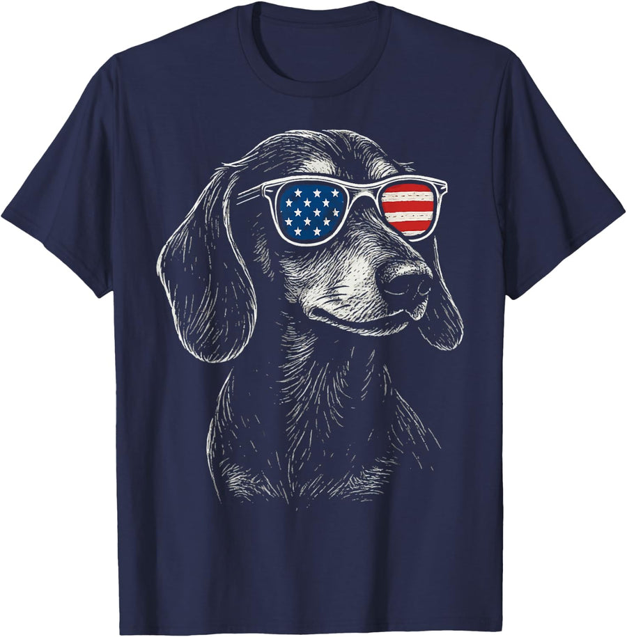 Dachshund USA Flag Sunglasses 4th Of July T-Shirt - Navy Blue