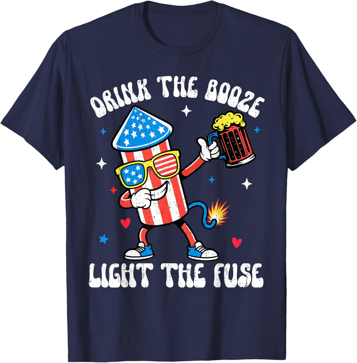 Drink The Booze Fireworks Independence Funny 4th July Beer T-Shirt - Navy Blue