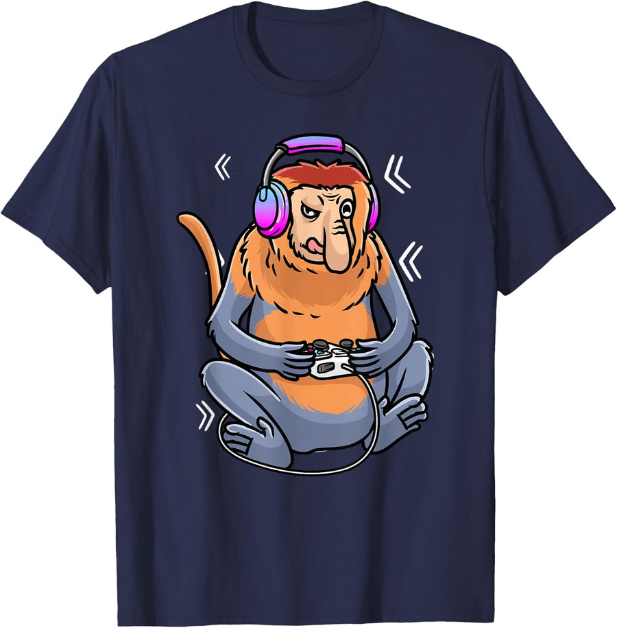 Proboscis Monkey Video Game Gaming Gamer Long-Nosed Monkey T-Shirt - Navy Blue