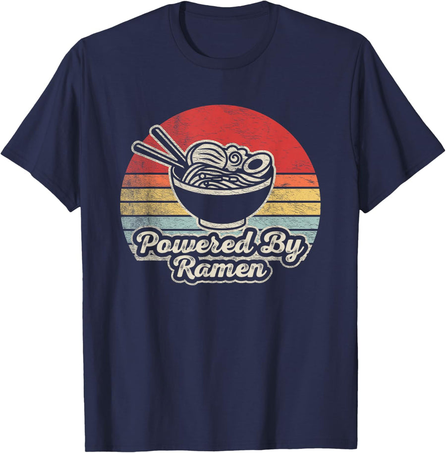 Retro Vintage Powered By Ramen T-Shirt Ramen Lover Noodle Tee Gift - Navy Blue