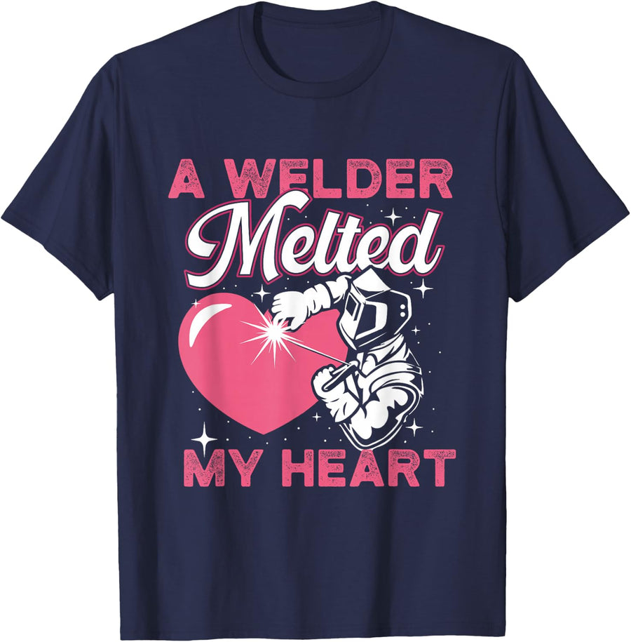 A Welder Melted My Heart - Welder's Wife Girlfriend T-Shirt - Navy Blue