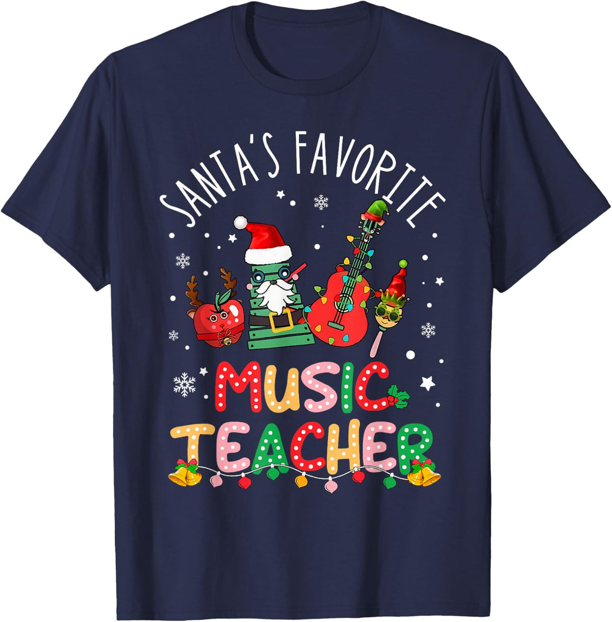Santa's Favorite Music Teacher Christmas Santa Hat Matching T-Shirt - Navy Blue