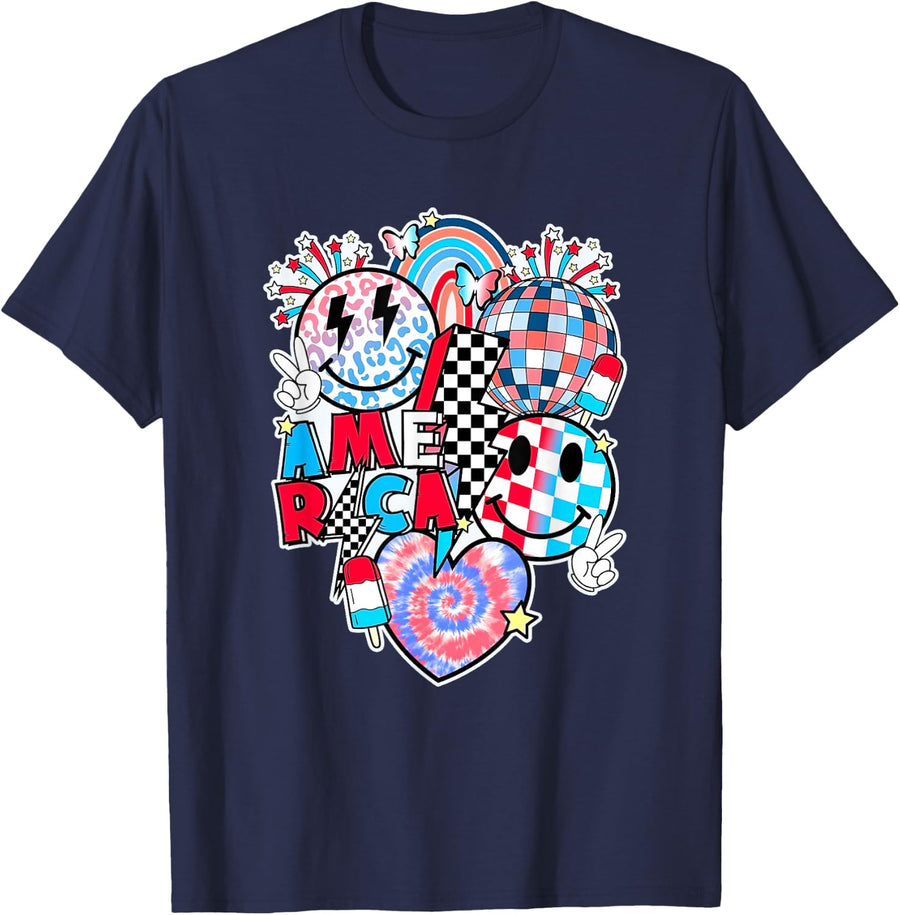 Retro Smile Cute Face USA Independence Day 4th July T-Shirt - Navy Blue