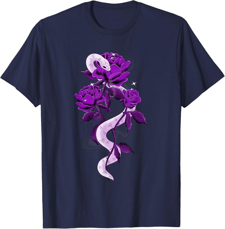 Snake and Gothic Aesthetic Purple Rose Flower T-Shirt - Navy Blue