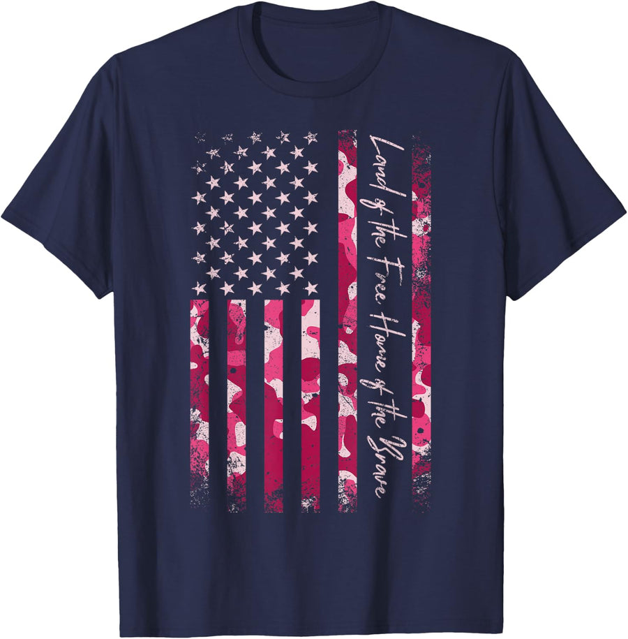 Pink Camo USA Flag Military Camouflage Distressed Grunge Tee T-Shirt - Navy Blue