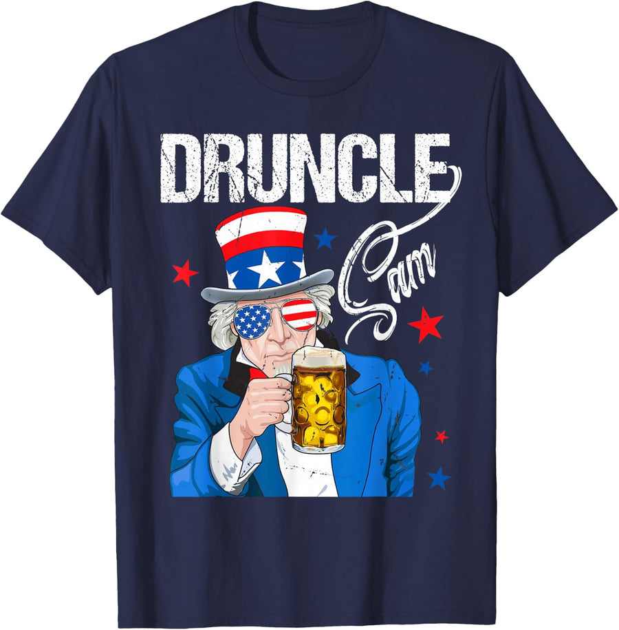 Funny Druncle Sam Uncle Sam Drinking Beer Indepedence Day T-Shirt - Navy Blue