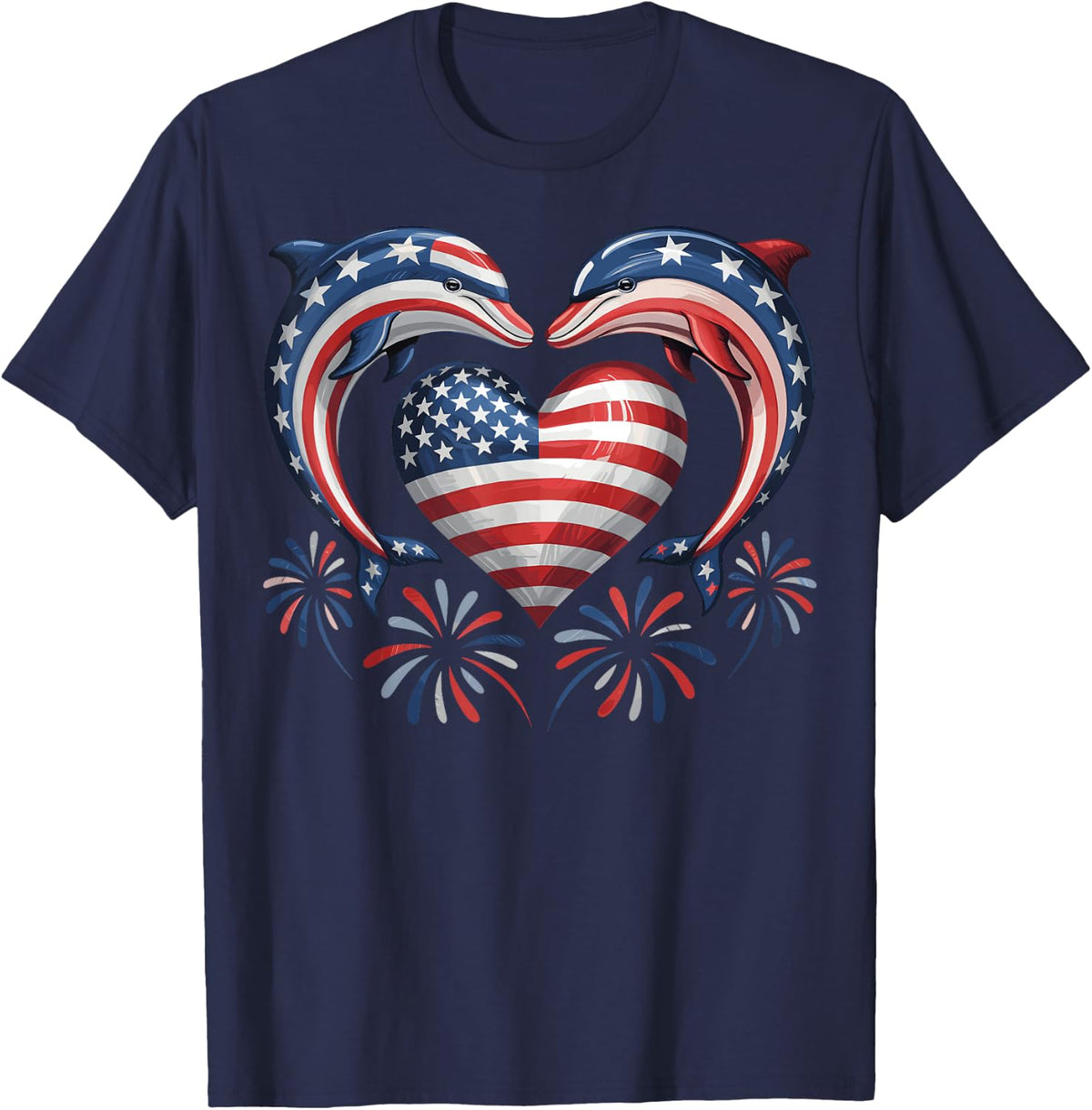 Patriotic Dolphin Heart Fireworks USA Flag 4th of July T-Shirt - Navy Blue