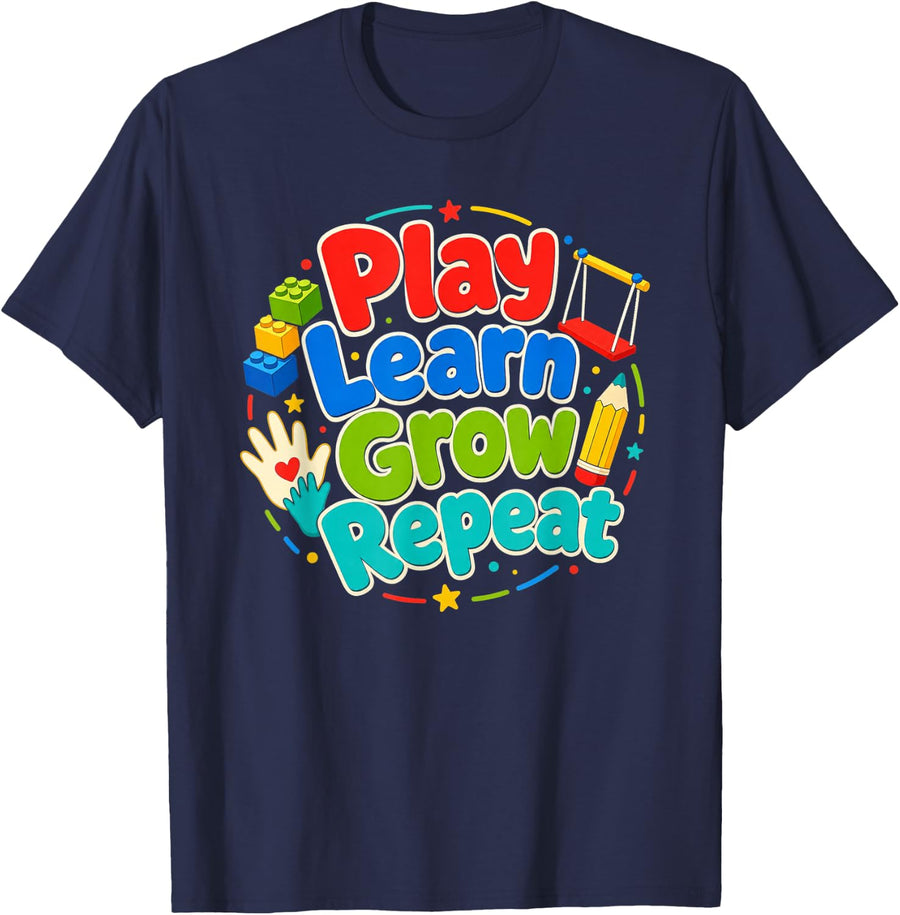 Play Learn Grow Repeat Colorful Kids Quote T-Shirt - Navy Blue