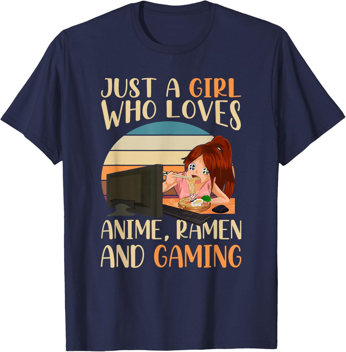 Japanese Otaku Ramen Gift Gaming Anime Girl T-Shirt - Navy Blue