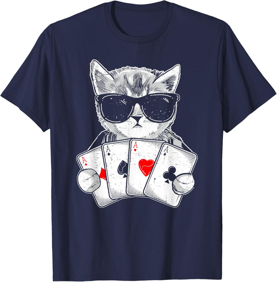 Cat Play Poker Gambling Casino Dealer Poker Player Gambler T-Shirt - Navy Blue