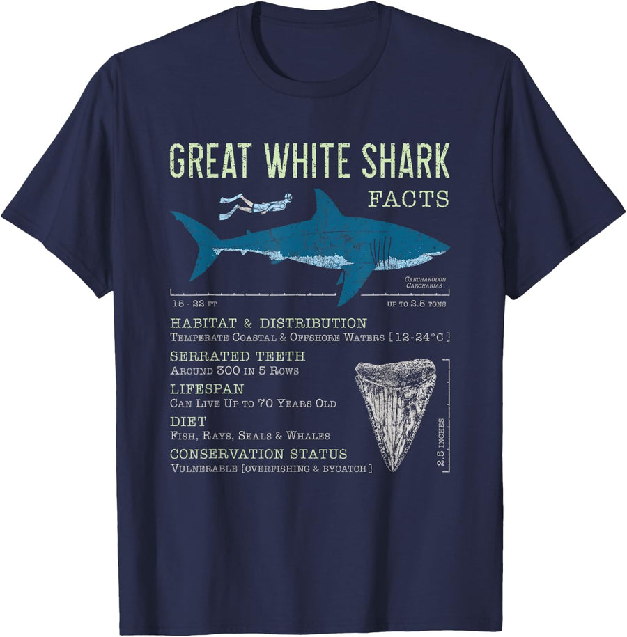 Great White Shark Facts Educational Shark Lover Sharks Tooth T-Shirt - Navy Blue