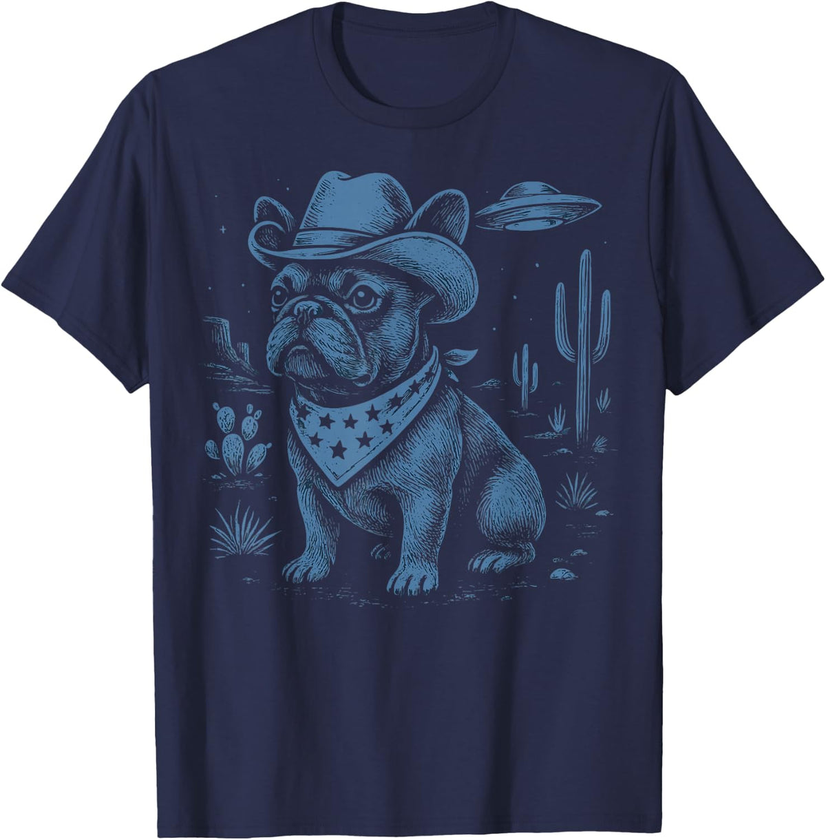 French Bulldog Cowboy UFO T-Shirt - Navy Blue