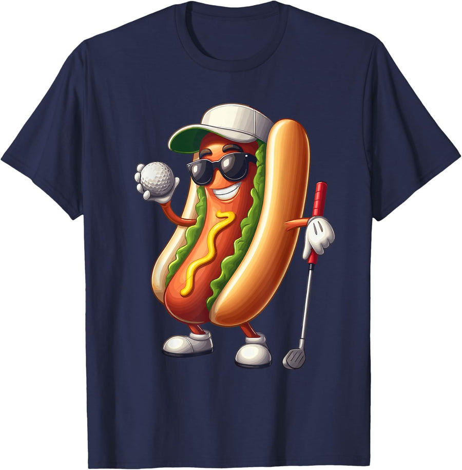 Golfing Hotdog Funny Golf Hot Dogs Lover Golfer Print Art Men Women Kids T-Shirt - Navy Blue