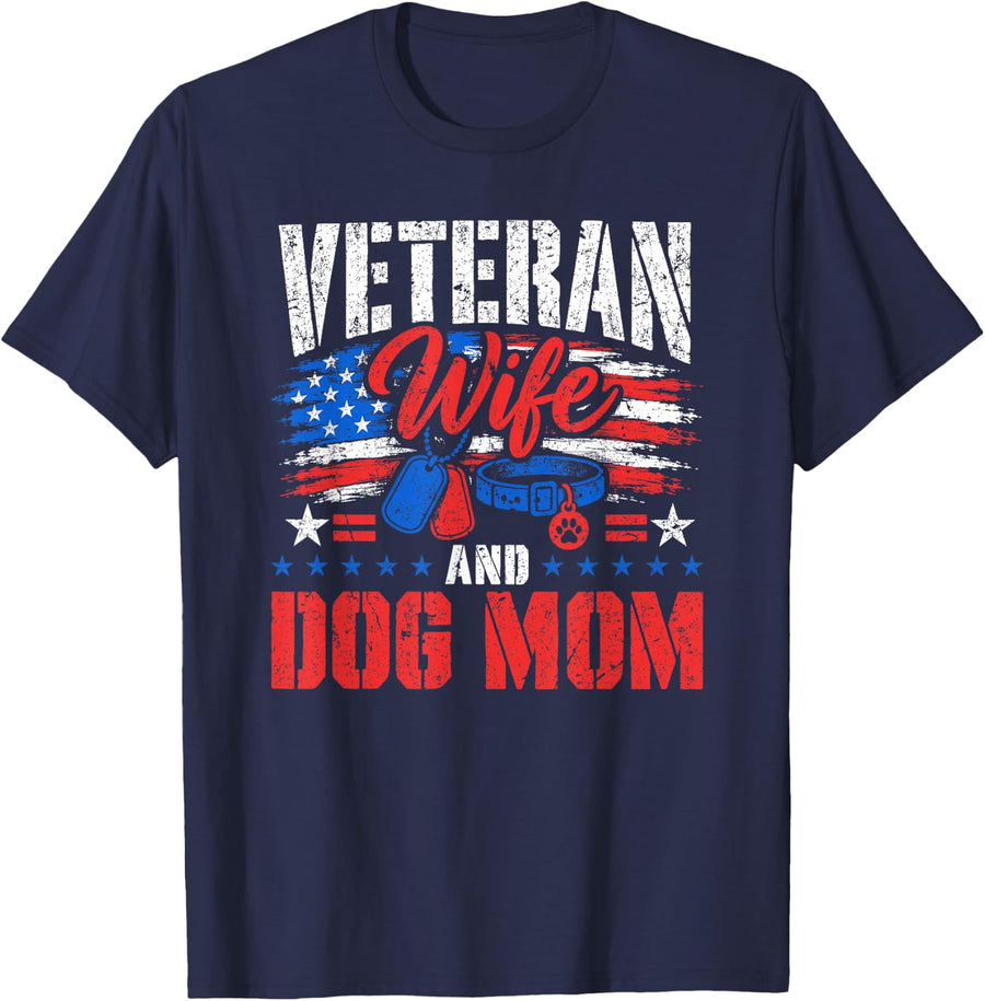 Veteran Wife and Dog Mom Funny Combined Design T-Shirt - Navy Blue