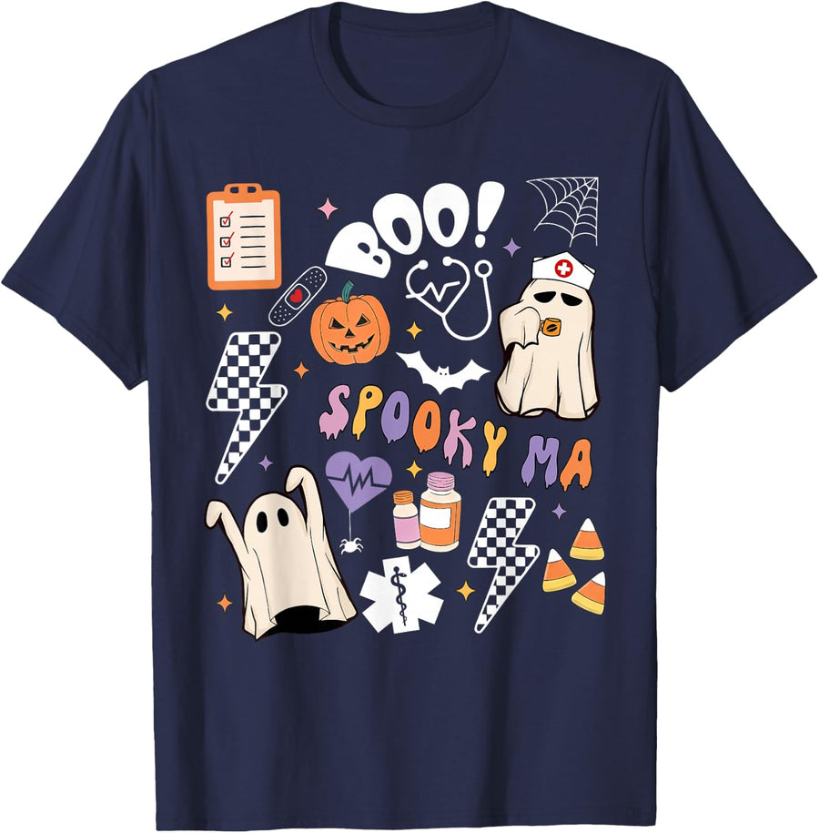 Boo Spooky MA Ghost Medical Assistant CMA Nurse Halloween T-Shirt - Navy Blue