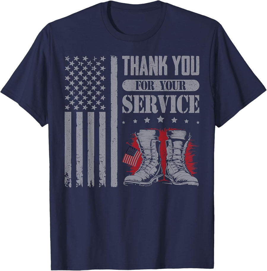 Thank You for Your Service Patriotic Boots Flag Veterans Day T-Shirt - Navy Blue
