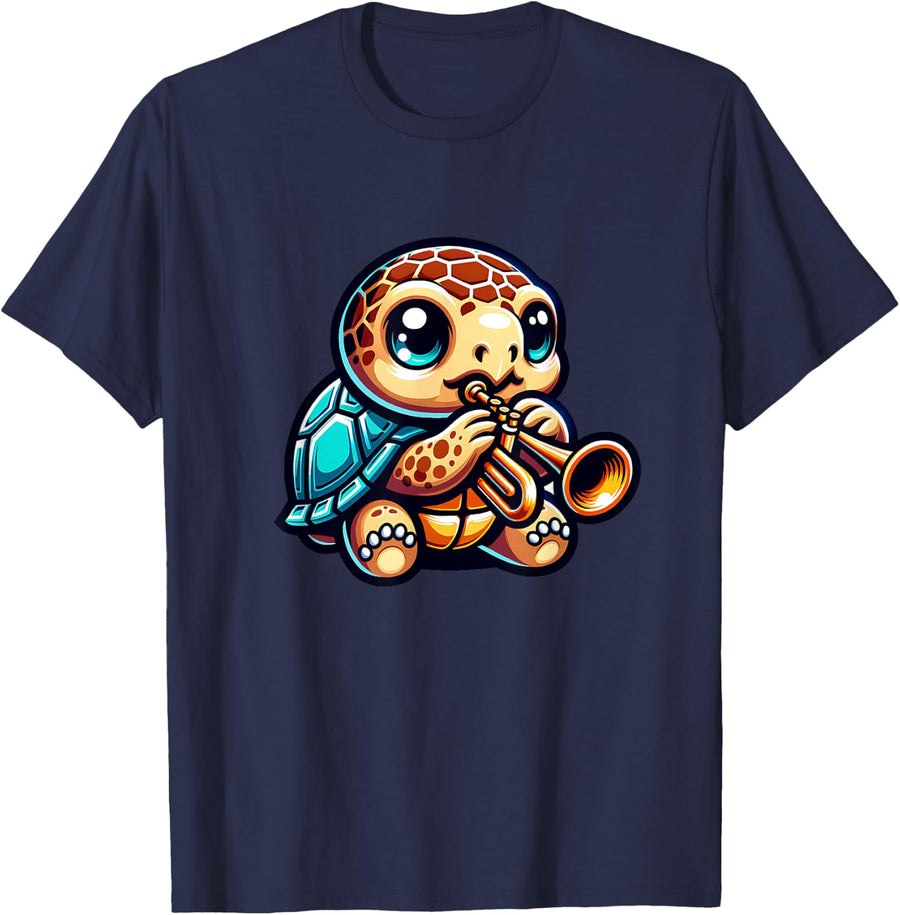 Adorable Turtle Playing Trumpet Cute Jazz T-Shirt - Navy Blue