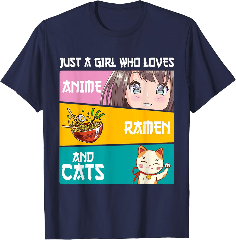 Just A Girl Who Loves Anime Ramen And Cats Lover Otaku Japan T-Shirt - Navy Blue