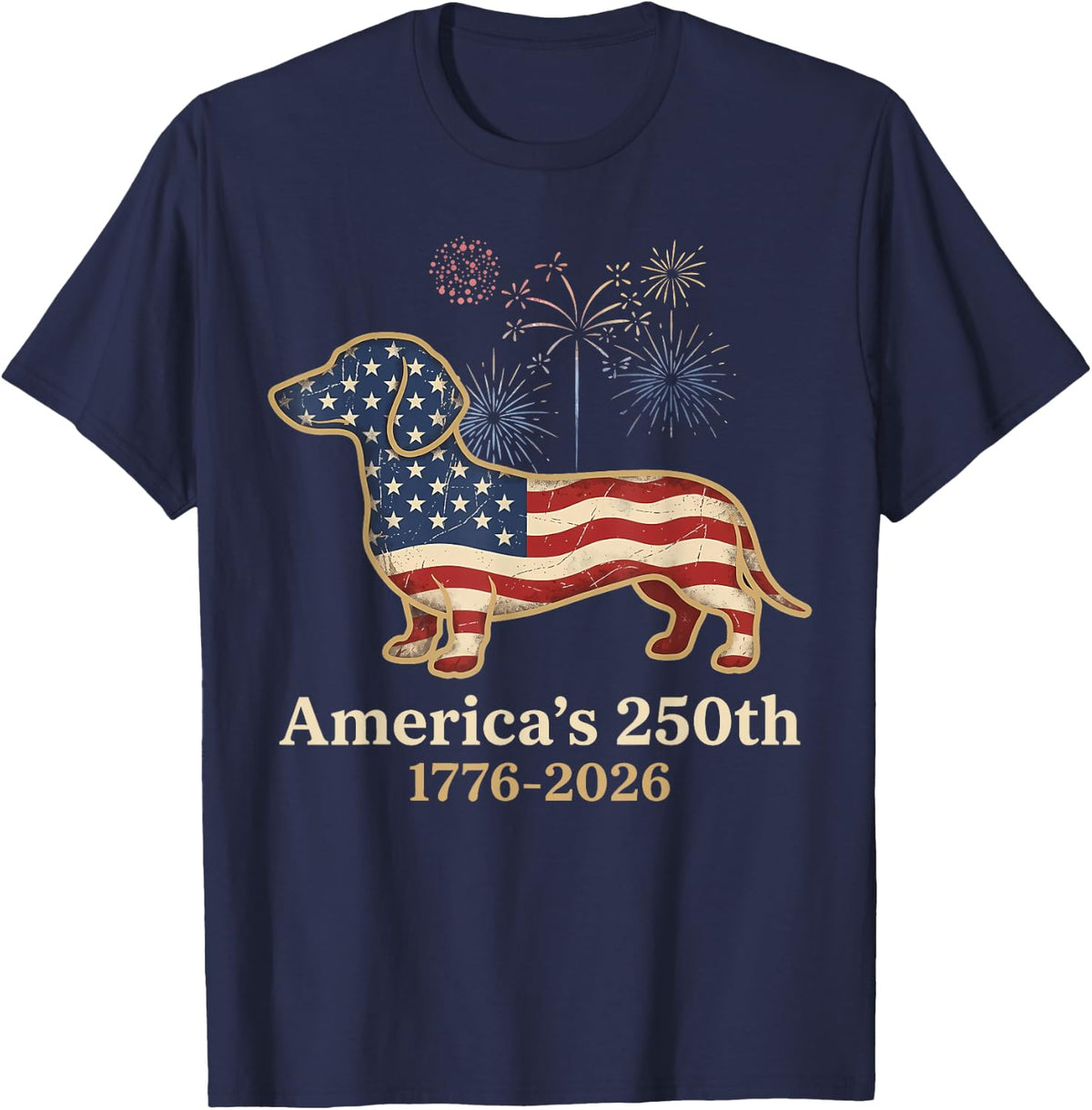 Dachshund 250th Patriotic Dog Fireworks Funny Wiener Dog T-Shirt - Navy Blue