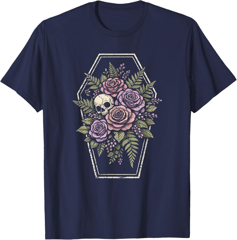 Skull Goth Flower Floral Coffin Grunge Dark Alt Aesthetic T-Shirt - Navy Blue