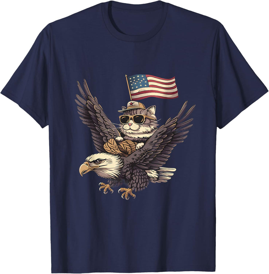 4th Of July USA American Flag America Bald Eagle Cat T-Shirt - Navy Blue