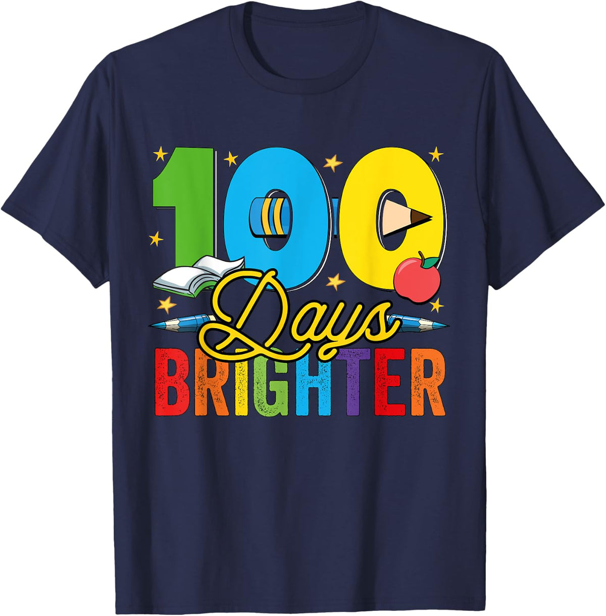 100 Days Brighter For Teachers And Kids Students T-Shirt Tee - Navy Blue