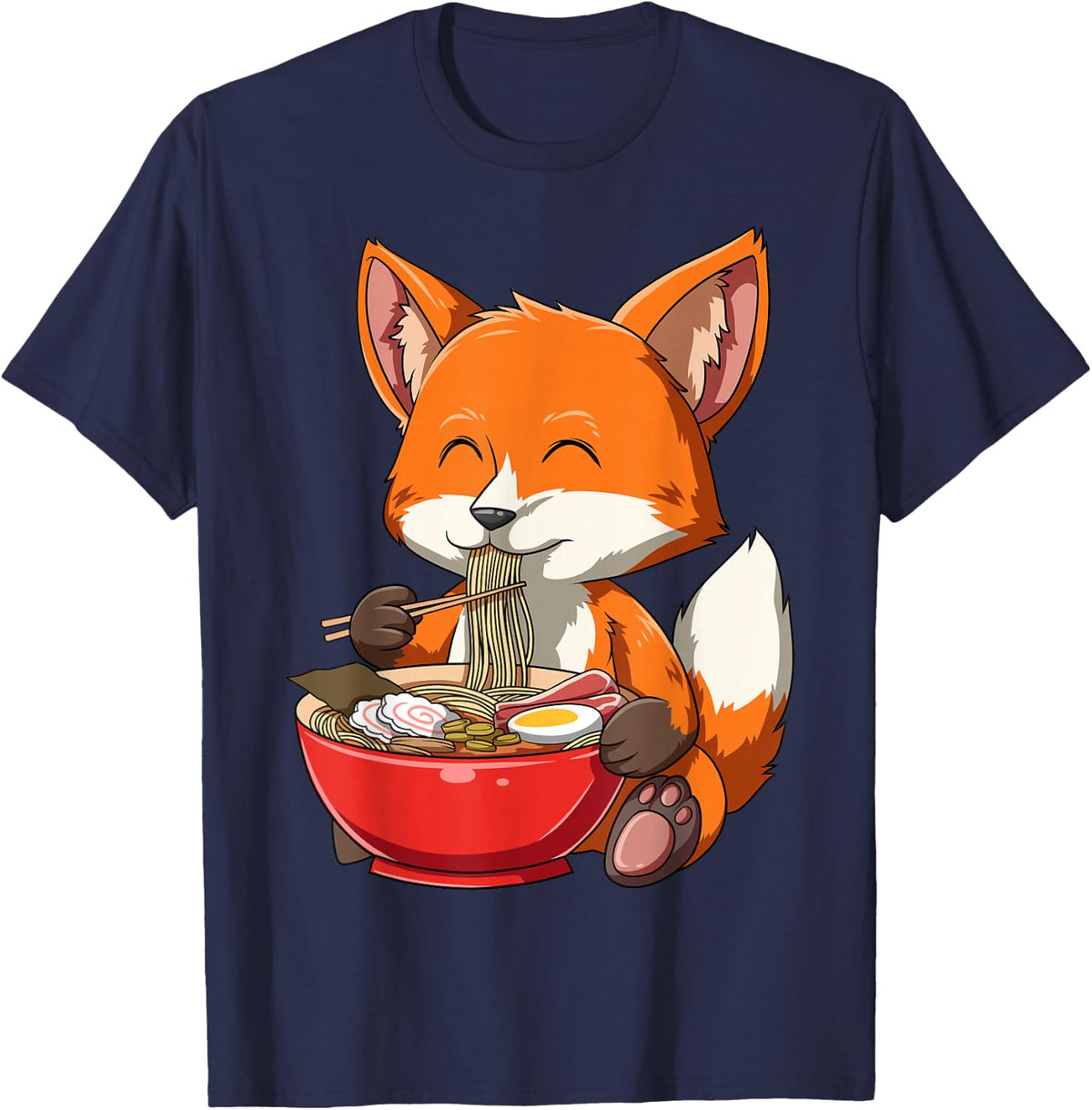 Fox Eating Ramen Ramen Noodle Lovers Fox Themed Gift T-Shirt - Navy Blue