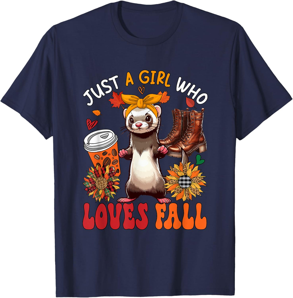 A Girl Loves Fall Thanksgiving Ferret Bow Tie Sunflowers T-Shirt - Navy Blue