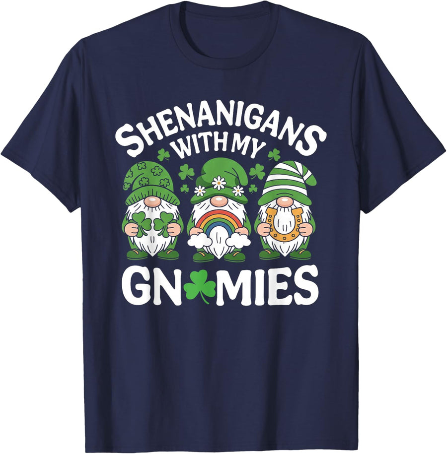 St Patricks Day Lucky Shamrock Gnomes Irish Women Men Kids T-Shirt - Navy Blue