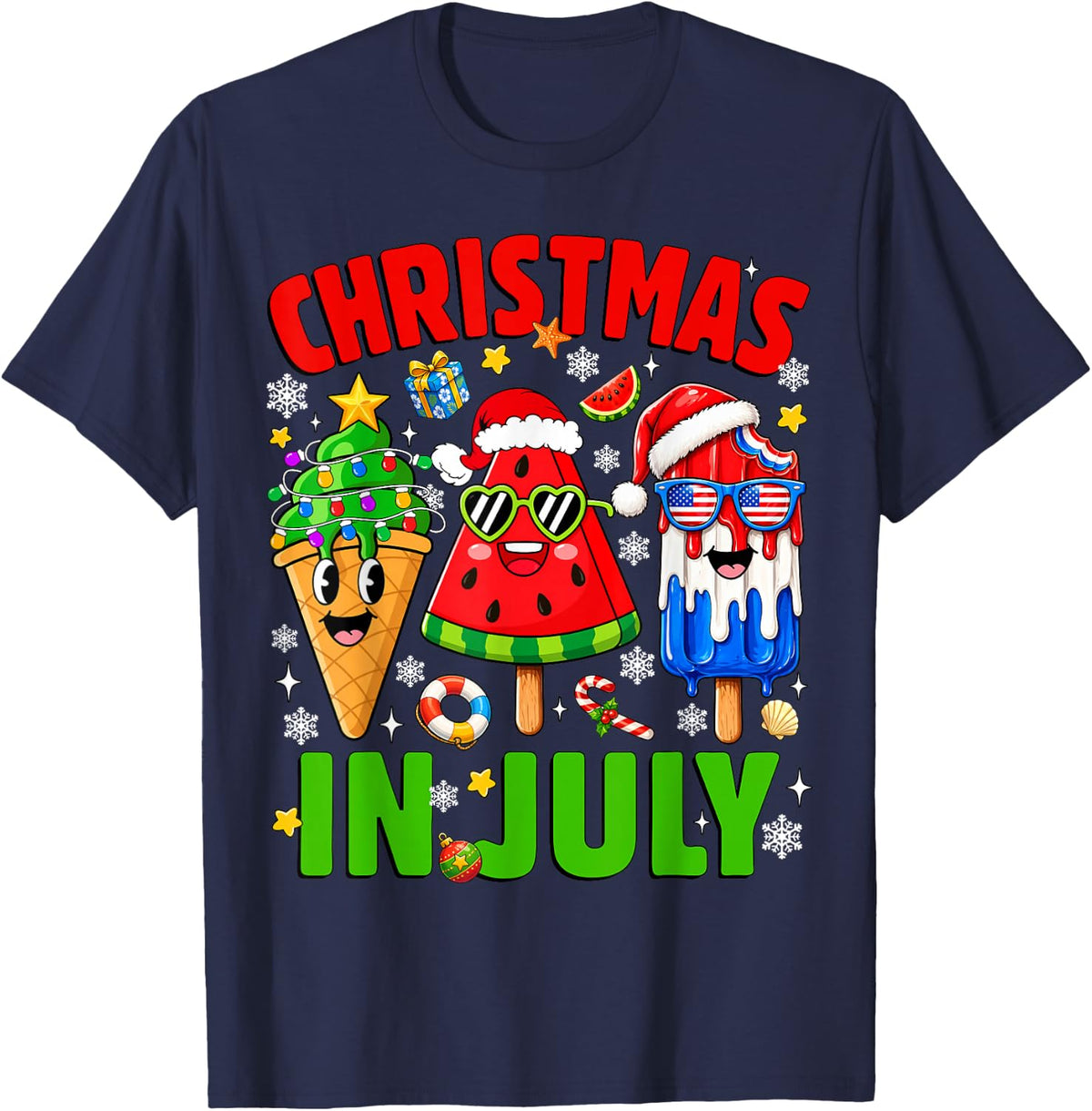 Christmas in July Ice Pops Watermelon Xmas Santa Hat Kids T-Shirt - Navy Blue