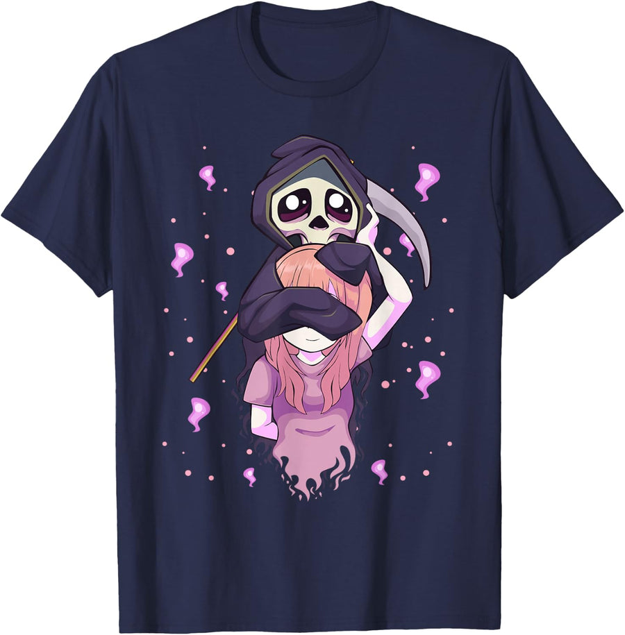 Pastel Goth Kawaii Anime Girl and Cute Reaper Teens T-Shirt - Navy Blue