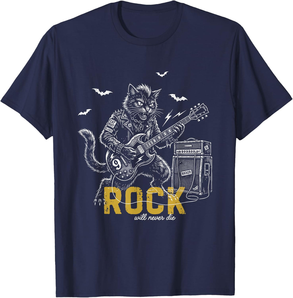 Guitar Player Black Cat Rocker Rock Will Never Die Vintage T-Shirt - Navy Blue