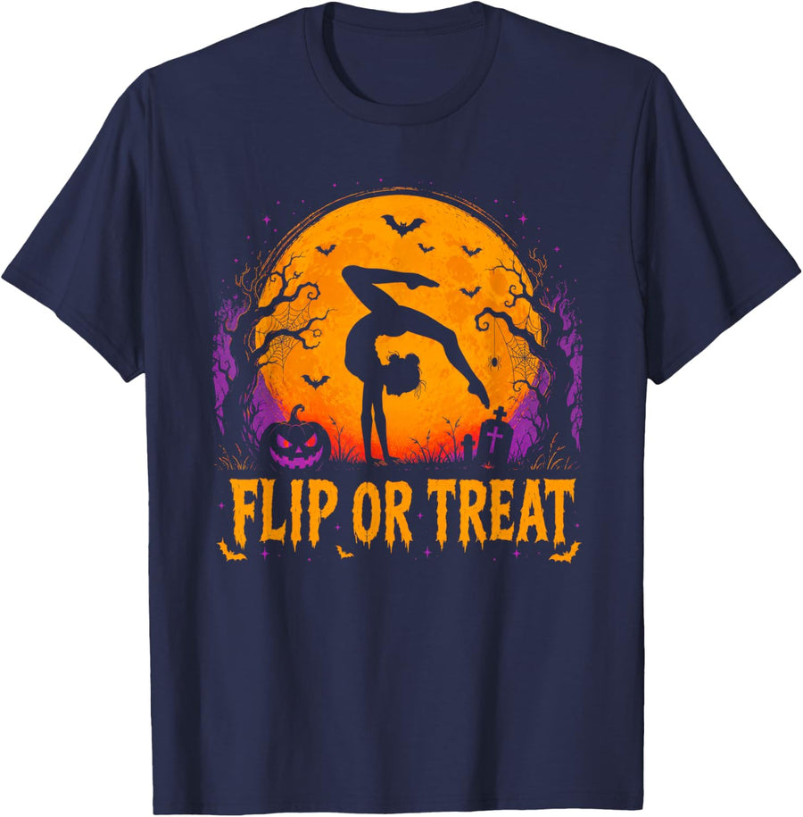 Flip Or Treat Gymnast Girl Halloween Gymnastics Lover T-Shirt - Navy Blue