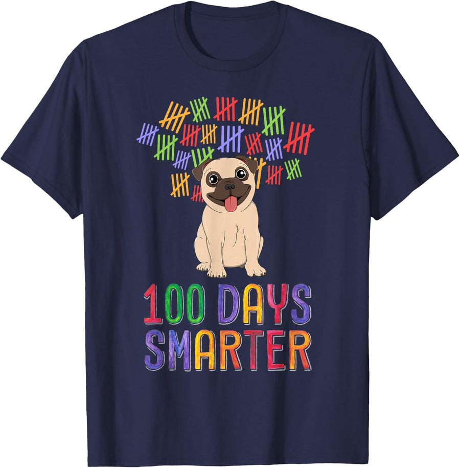 100 Days Smarter 100th Day of School Outfit Dog Lover Pug T-Shirt - Navy Blue