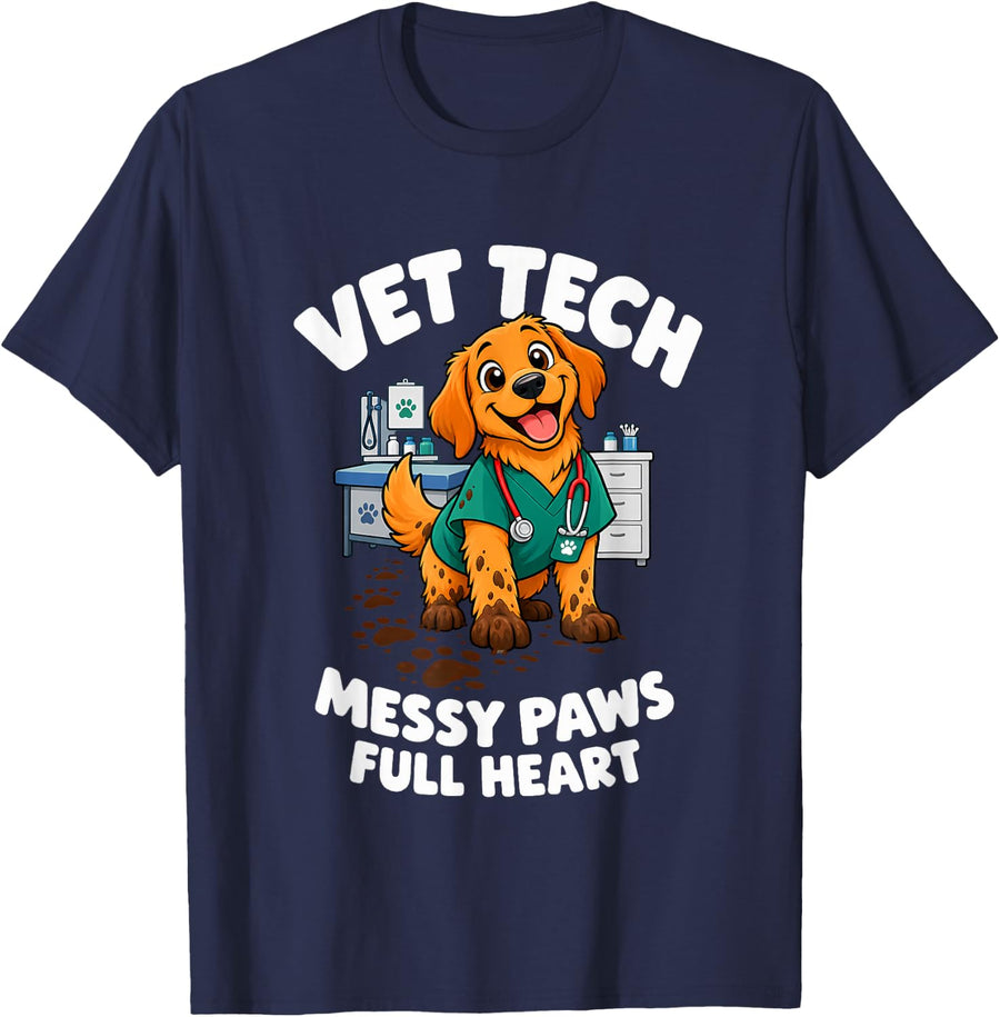 Vet Tech Life Messy Paws Full Heart Tech Veterinarian T-Shirt - Navy Blue