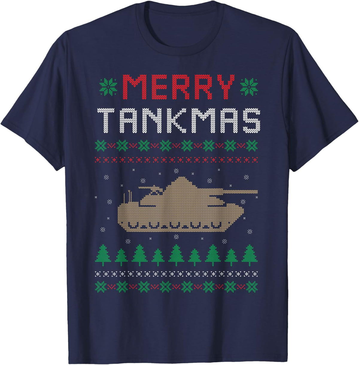 Merry Tankmas Battle Tank War Tank Ugly Christmas Sweater T-Shirt - Navy Blue