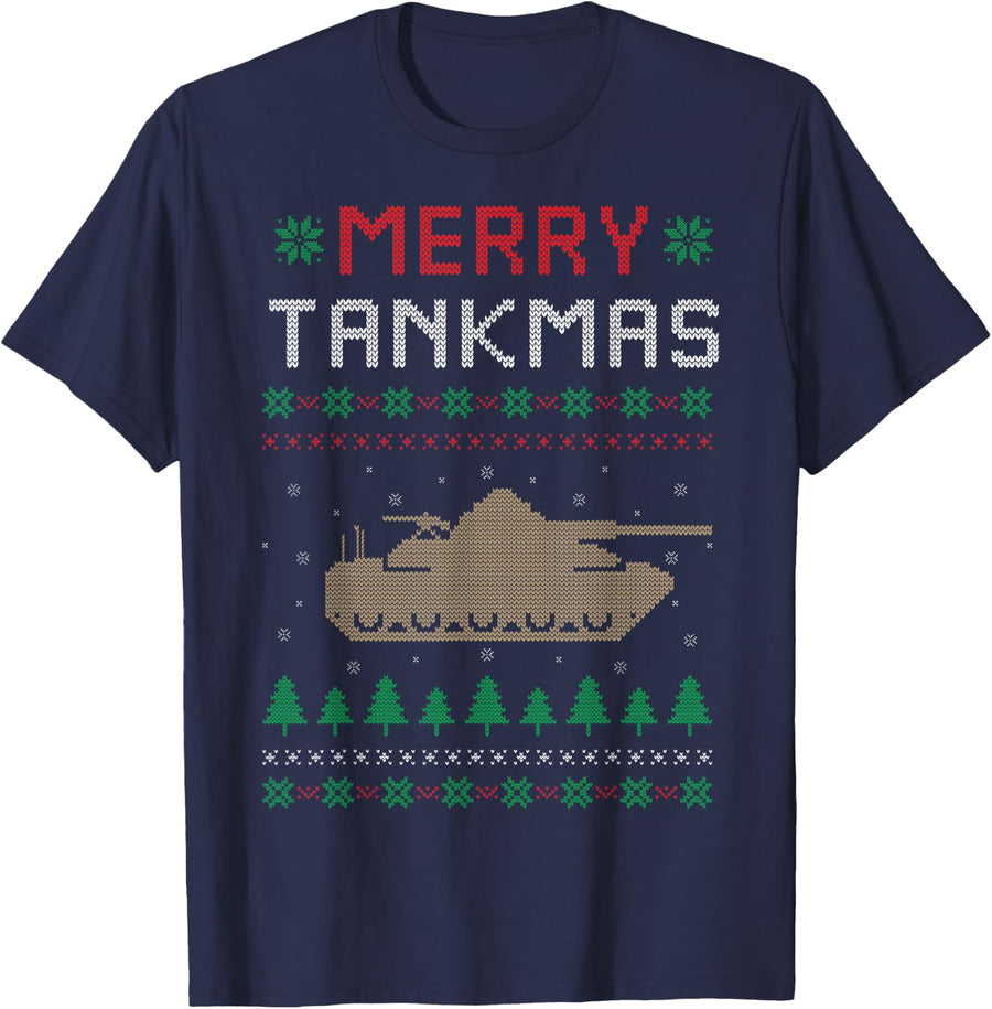 Merry Tankmas Battle Tank War Tank Ugly Christmas Sweater T-Shirt - Navy Blue
