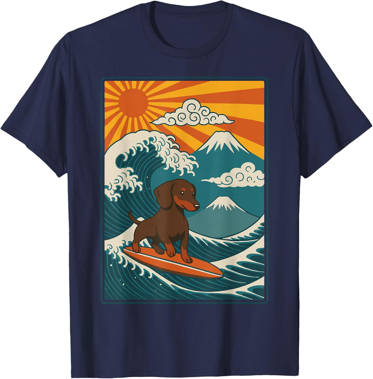 Dachshund Surfing Japanese Wave Weiner Dog T-Shirt - Navy Blue