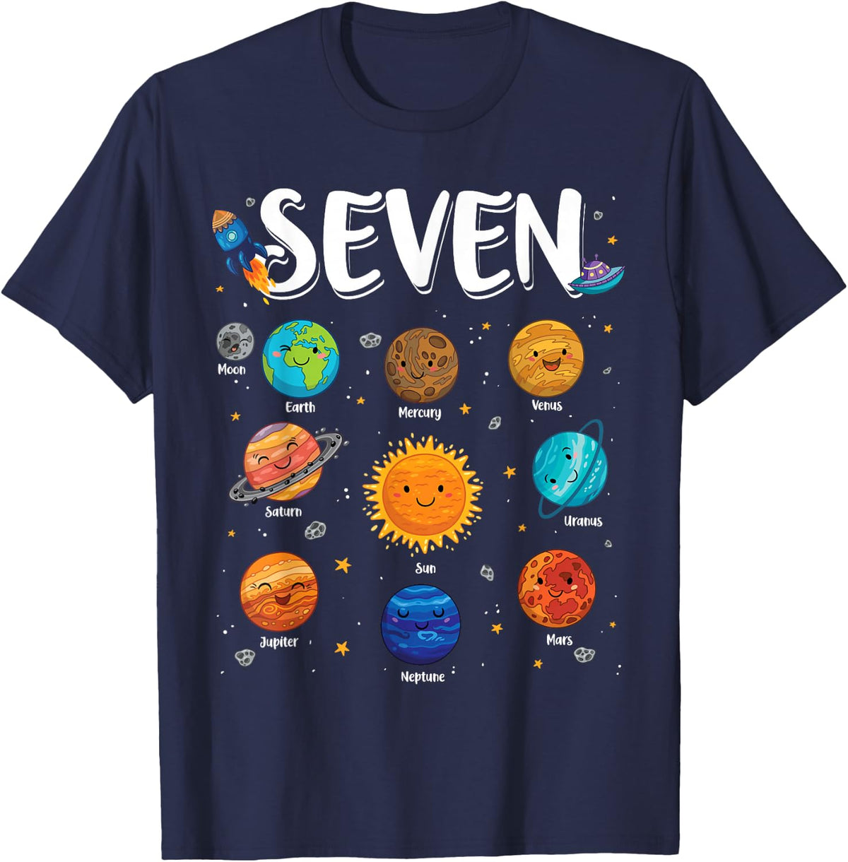 Solar System Planets 7 Seven Years Old 7th Birthday Boy Girl T-Shirt - Navy Blue
