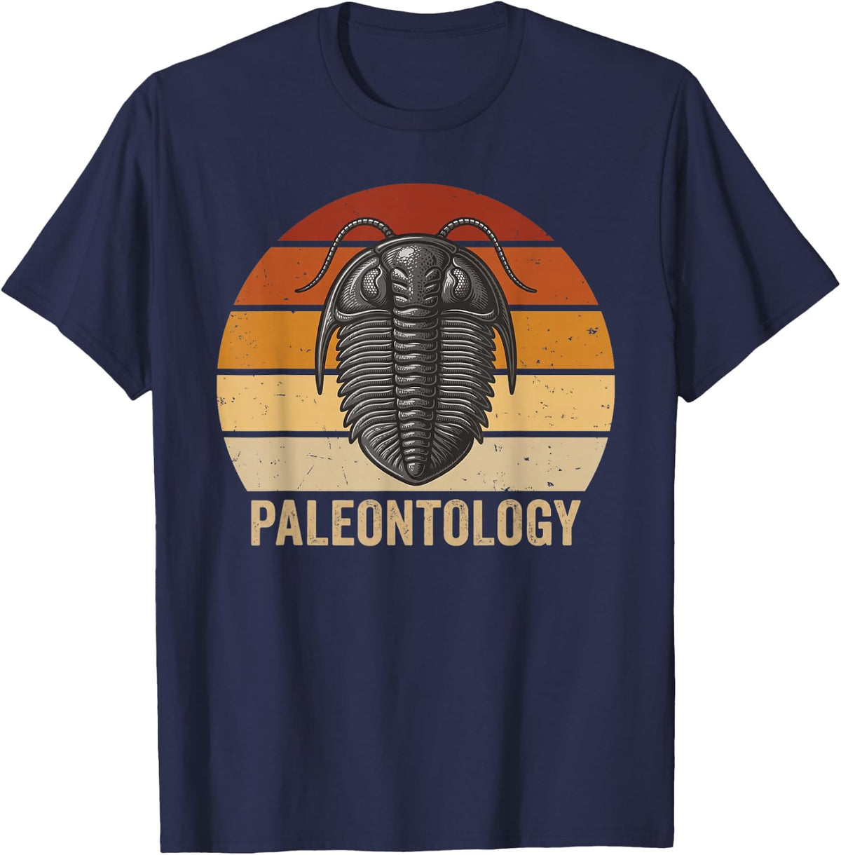 Dinosaur Fossil Paleontology Trilobite Retro Sunset Graphic T-Shirt - Navy Blue