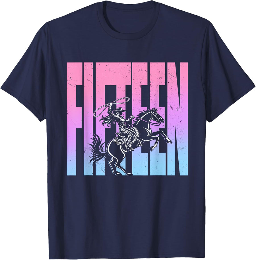 15th Birthday Rodeo Western Cowgirl Riding Horse Party T-Shirt - Navy Blue