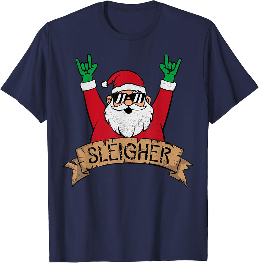 Christmas Sleigher Santa Rock On Xmas Rocker T-Shirt - Navy Blue