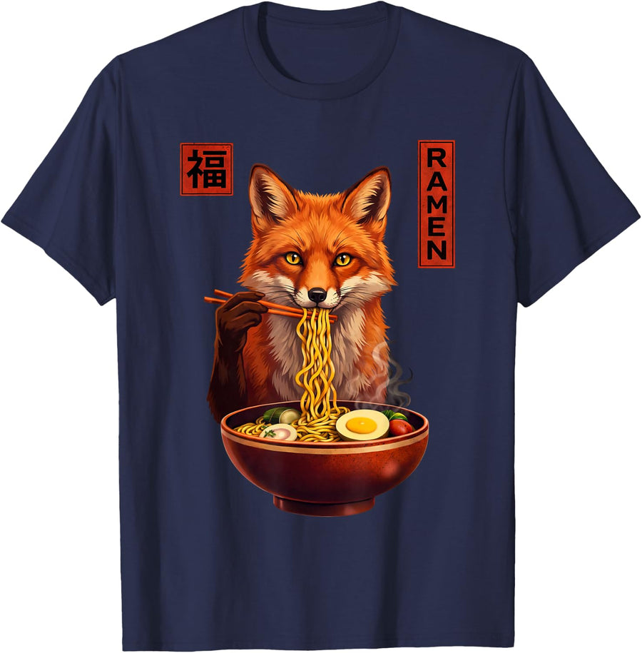 Fox Ramen Japanese Art Funny Anime Graphic Tee Kawaii T-Shirt - Navy Blue