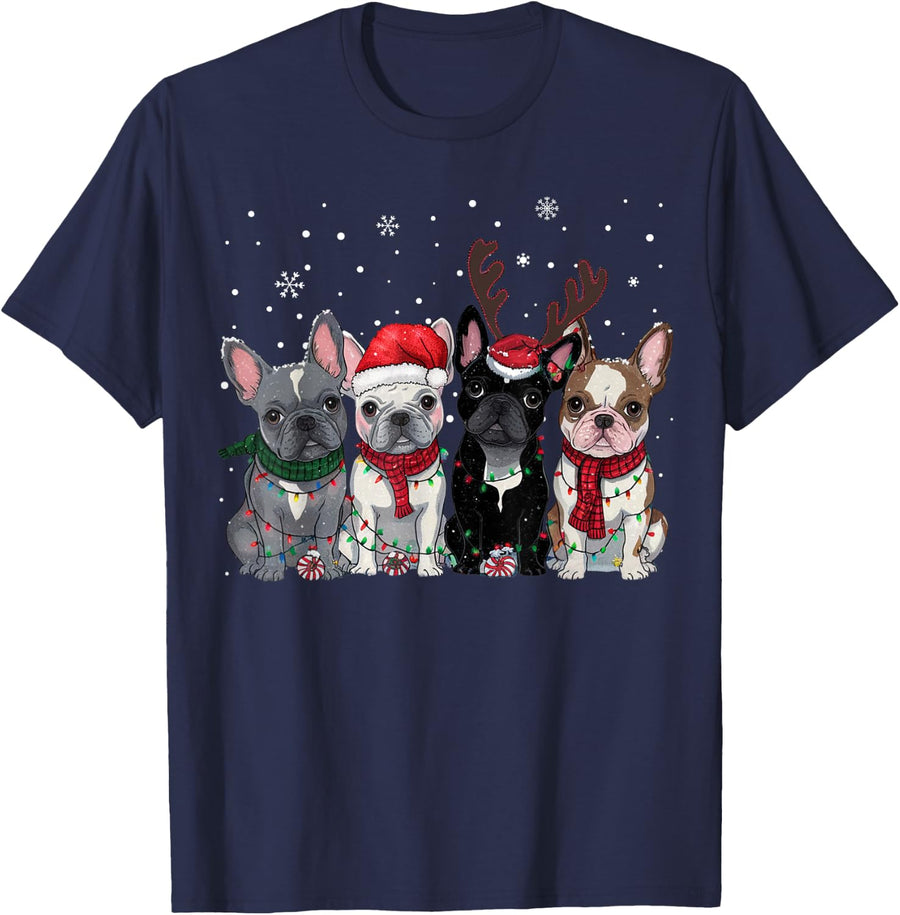 Christmas Lights French Bulldogs Xmas Frenchie Dog Men Kids T-Shirt - Navy Blue
