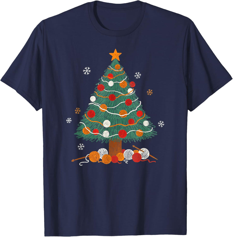 Knitting Christmas Tree Yarn Holiday Knitter T-Shirt - Navy Blue
