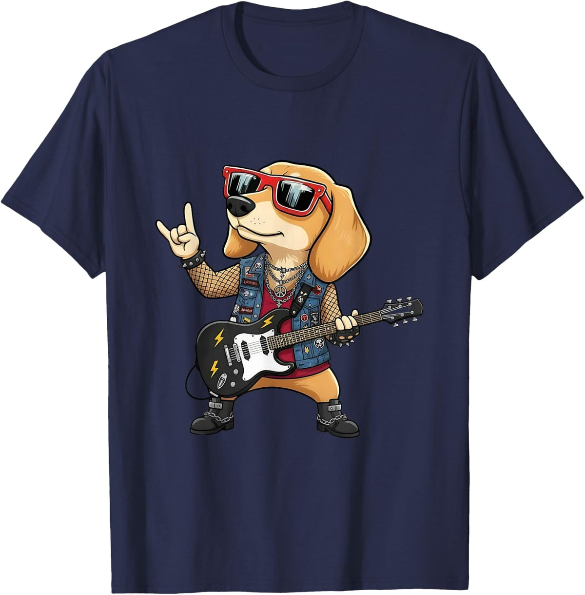 Dachshund Dog Playing Bass Guitar Guitarist Rocker Pose Cool T-Shirt - Navy Blue